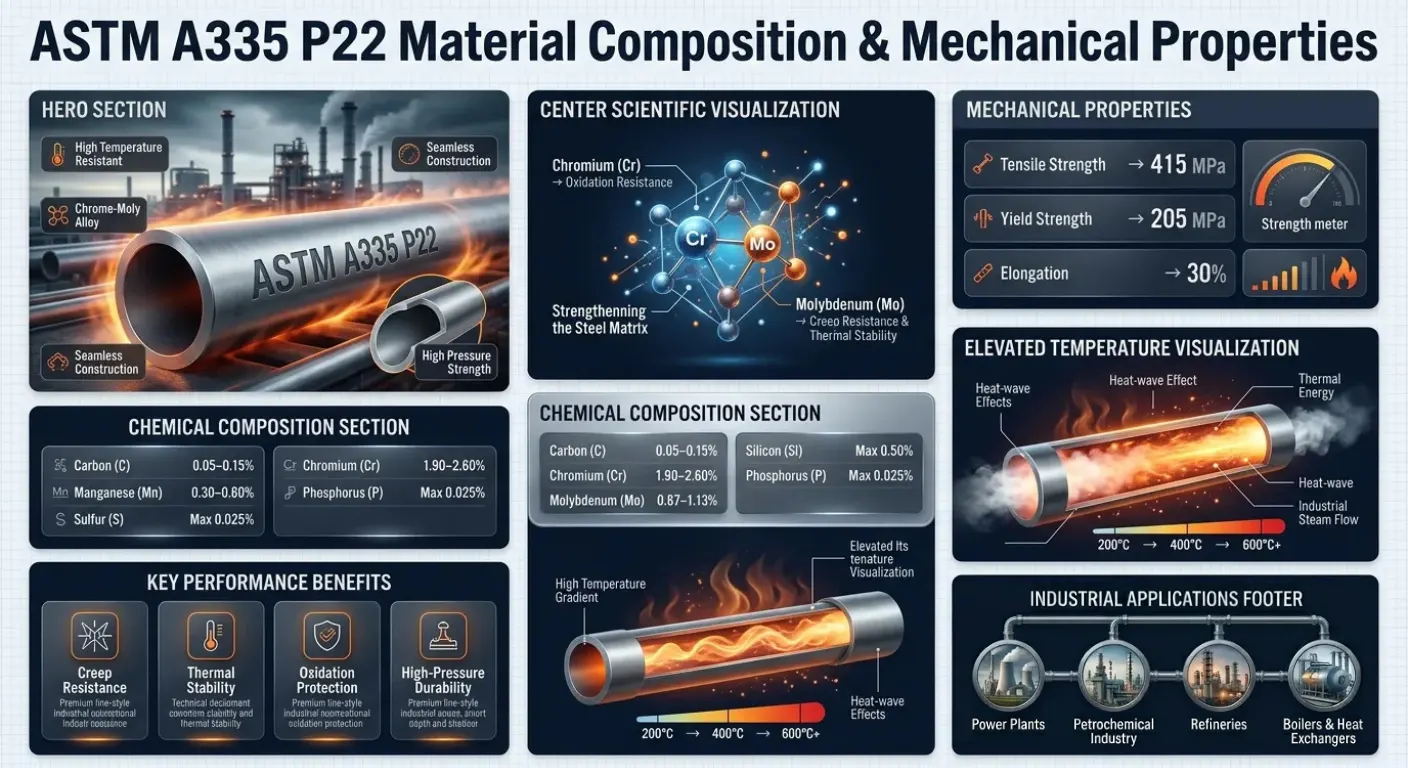 Detailed ASTM A335 P22 seamless pipe stockist infographic displaying chemical composition, tensile strength, yield strength, and thermal stability