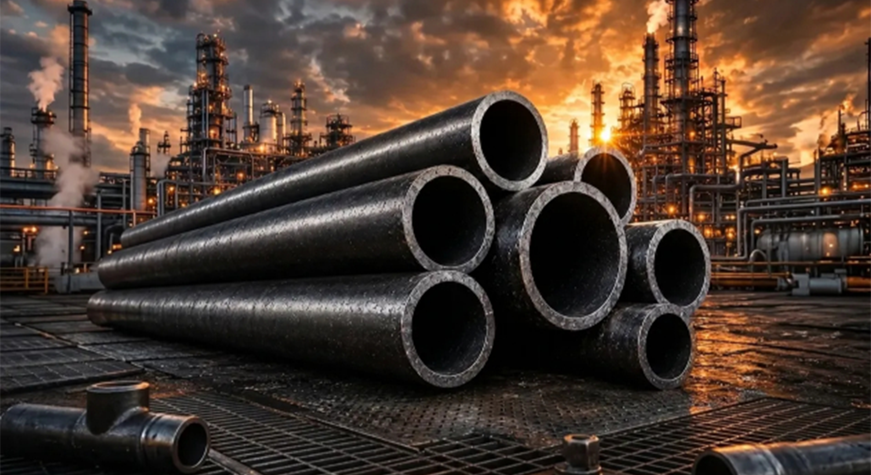 Stacks of industrial ASTM A335 P91 seamless steel pipes at a job site with a refinery background.